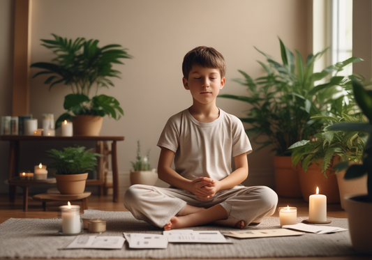 A young boy sits cross-legged on a rug in a serene room surrounded by plants and lit candles, with affirmation cards spread in front of him. The scene conveys calmness and mindfulness.