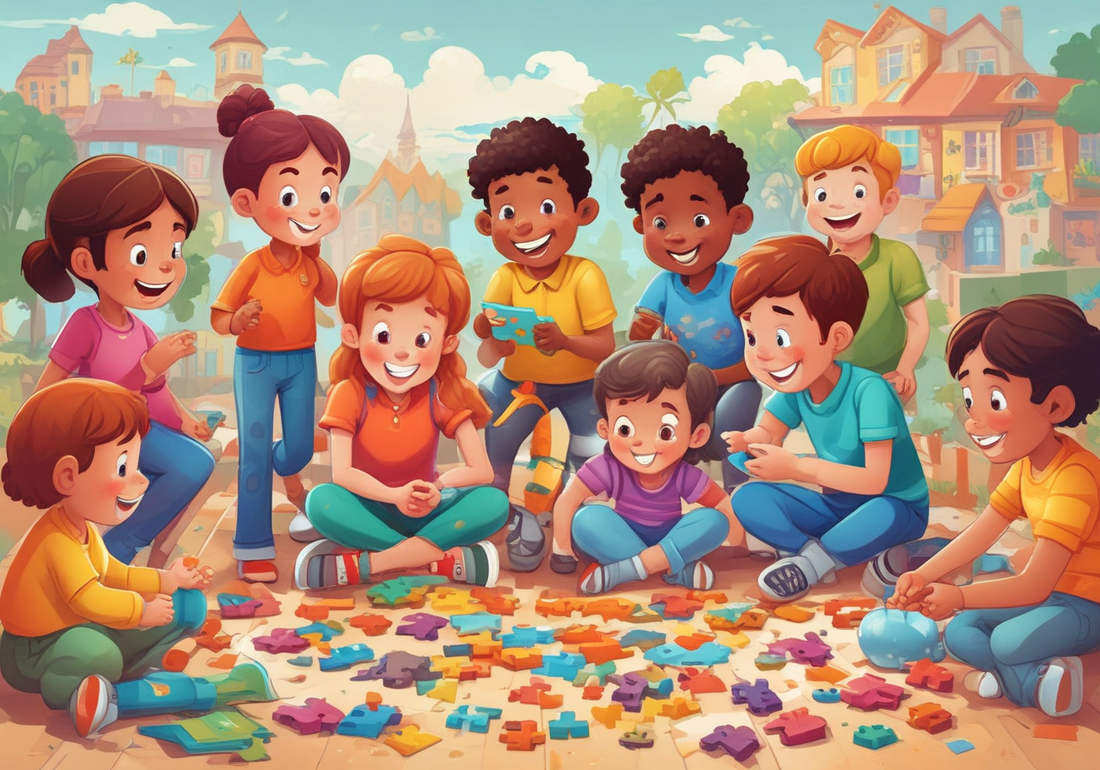 many kids sitting together happily playing board games together