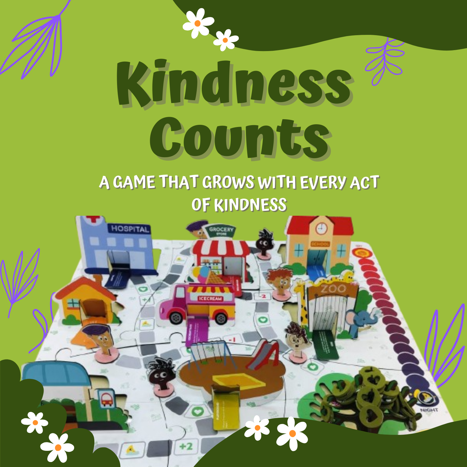 A fun and interactive board game layout, featuring puzzles, game pieces, and elements that encourage kindness and teamwork.